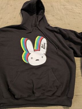 Black Bunny Graphic Hoodie with Rainbow Accent Size XL